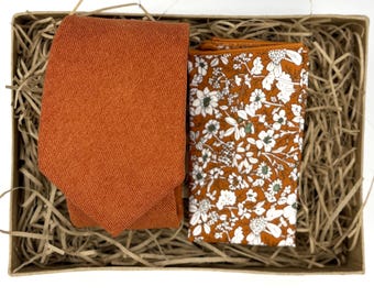 Rost Krawatte Set - Schmale Krawatte & Florales Einstecktuch, Herbsthochzeit