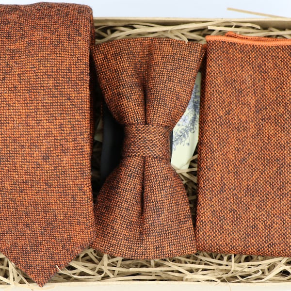 Full Jo: Burnt Orange Tie, Rust Mens Tie, Groomsmen Gifts, Gifts for Men, Wool Tie, Bow Tie, Wool Pocket Square, Wedding Tie, Wedding Attire