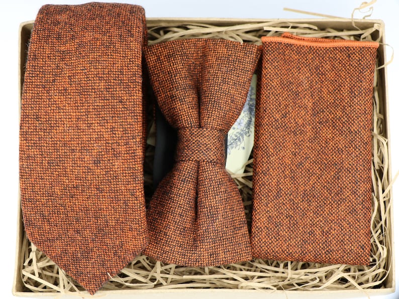 Full Jo: Burnt Orange Tie, Rust Mens Tie, Groomsmen Gifts, Gifts for Men, Wool Tie, Bow Tie, Wool Pocket Square, Wedding Tie, Wedding Attire image 1