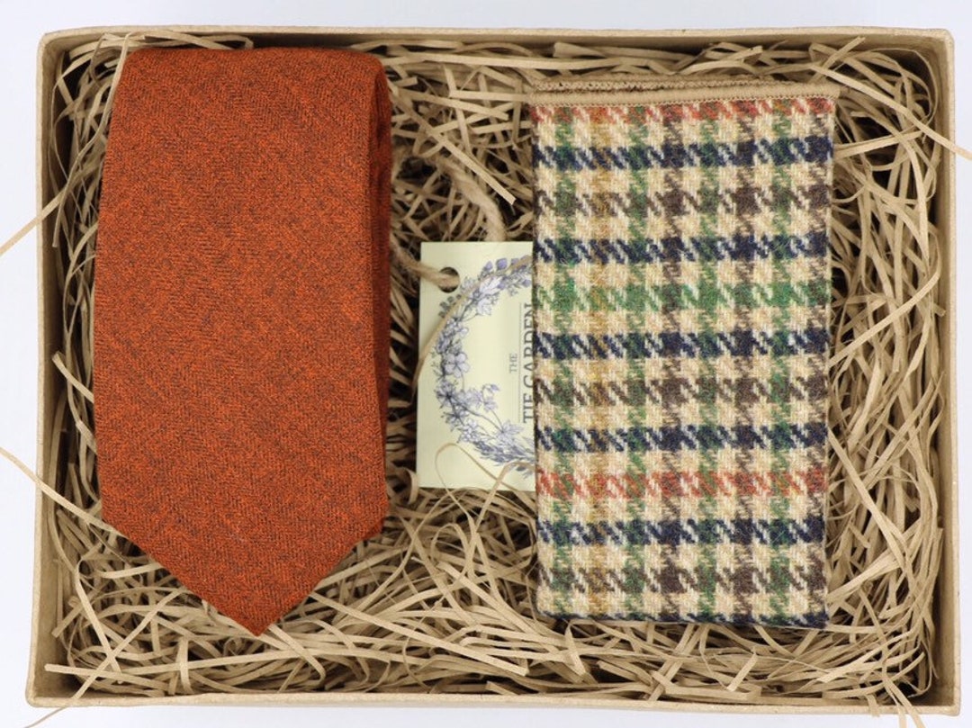 RUSS & ALF Ties for Men, Mens Ties, Burnt Orange Tie, Tweed Pocket