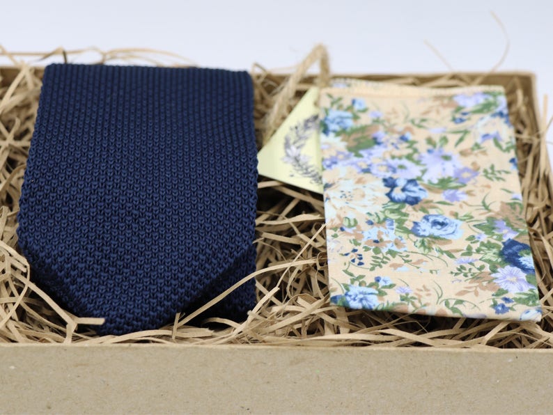 MIKE /& ELOISE: Wedding Tie Floral Pocket Square Knitted Tie Mens Tie Knitted Necktie Ties for Men Pocket Square Grooms Tie Navy Tie