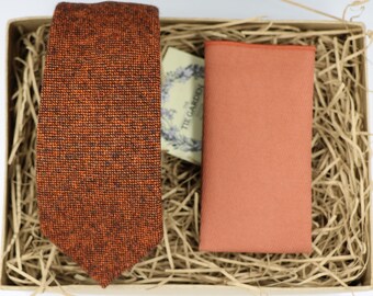 JO & LEO: Rustic Orange Tie, Groomsmen Gift, Boyfriend Gift, Husband Gift, Floral Pocket Square, Wedding Dress, Wedding Tie, Wedding Gifts