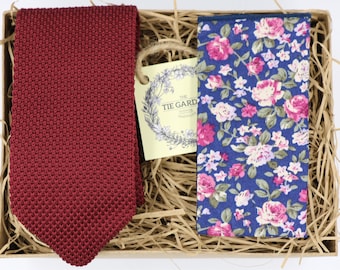 KIERON & SOPH: The Tie Garden Etsy, Wedding Dress, Knitted Tie, Floral Pocket Square,Burgundy Tie, Groomsmen Gift, Husband Gift