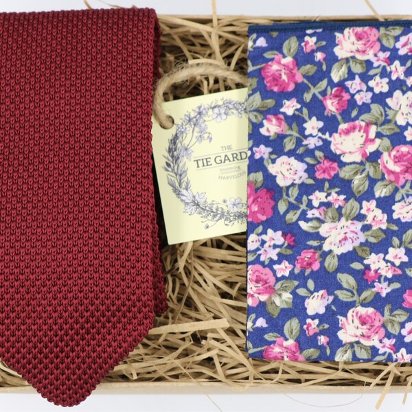 KIERON & SOPH: The Tie Garden Etsy, Wedding Dress, Knitted Tie, Floral Pocket Square,Burgundy Tie, Groomsmen Gift, Husband Gift