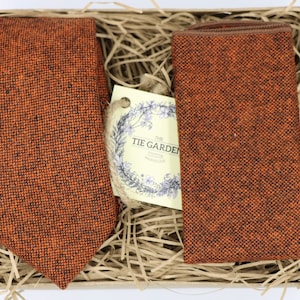 JoJo: Burnt Orange Tie, Ties for Men, Groomsmen Gifts, Gifts for Men, Wool Tie, Bow Tie, Wool Pocket Square, Wedding Tie, Wedding Attire