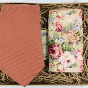 LEO & BEL: Terracotta Tie, Rustic Wedding, Floral Handkerchief, Mens Gift Set, Rust Tie, Rust Handkerchief, Autumn Wedding, Mens Ties