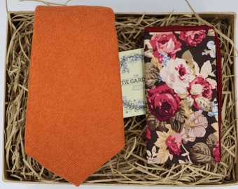 Rost Krawatte und Floral Einstecktuch Set: Herbst Hochzeitsgeschenk