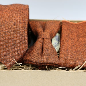 Full Jo: Burnt Orange Tie, Rust Mens Tie, Groomsmen Gifts, Gifts for Men, Wool Tie, Bow Tie, Wool Pocket Square, Wedding Tie, Wedding Attire image 3