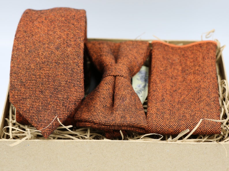 Full Jo: Burnt Orange Tie, Rust Mens Tie, Groomsmen Gifts, Gifts for Men, Wool Tie, Bow Tie, Wool Pocket Square, Wedding Tie, Wedding Attire image 3