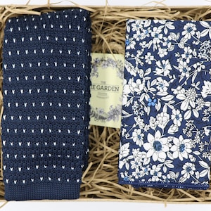 CRAIG & D: Knitted Necktie, Pocket Square, Navy Tie, Wedding Tie, Vintage, Ties for Men, Groomsmen, Gifts for Men, Floral Handkerchief