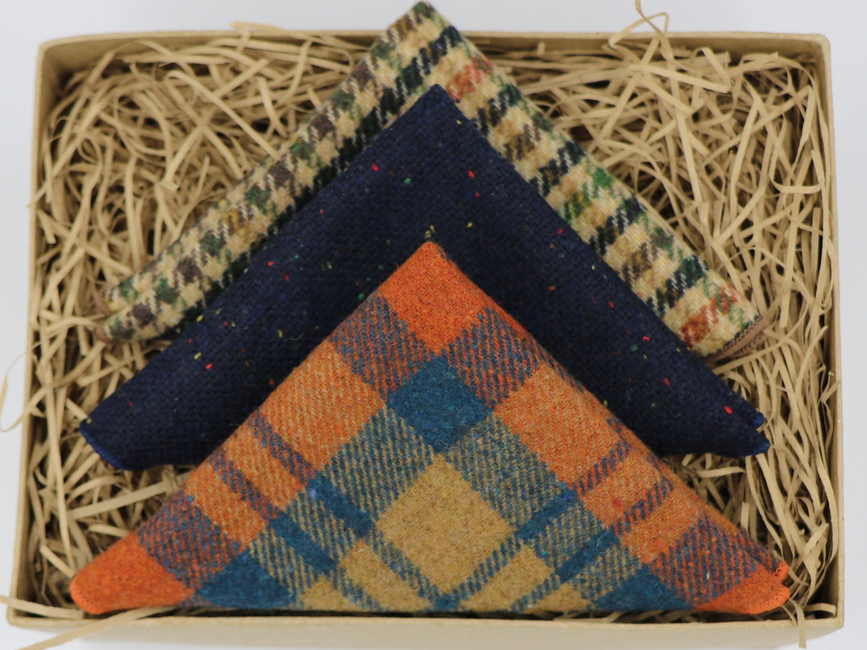 Bo Will & Alf: Burnt Orange Tweed Navy handkerchief, check handkerchief, handmade gift, gift for dad handkerchief sets