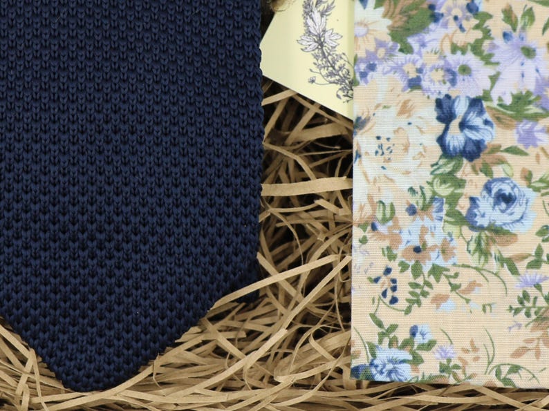 MIKE /& ELOISE: Wedding Tie Floral Pocket Square Knitted Tie Mens Tie Knitted Necktie Ties for Men Pocket Square Grooms Tie Navy Tie