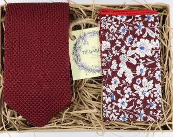 KIERON & DAISY: Knitted Necktie Floral Pocket Square Burgundy Tie Knitted Tie Maroon Tie Mens Ties for Men Groomsmen Gifts for Men