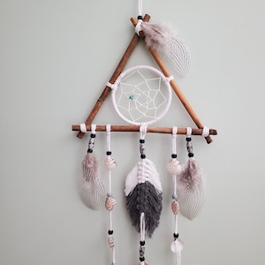 Native handmade triangle with Dreamcatcher in center,mixed with sea shells and macrame feather
