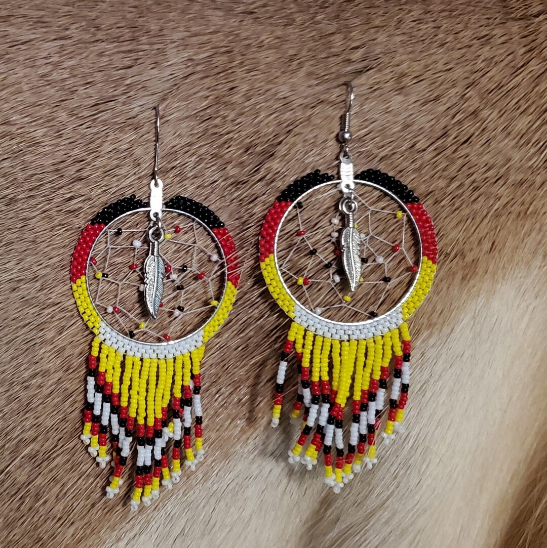 Native Glass Seed Bead Medicine Wheel Hoop Earrings Etsy