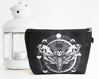 Astuccio trousse con falena &quot;testa di morto&quot;, portatrucchi con falena, idea regalo goth, pochette gothic
