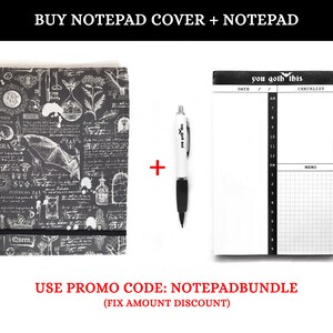 May include: A black and white notepad cover with a gothic design featuring a bat, a skull, and other symbols. The cover is paired with a blank white notepad with a checklist and memo section. The notepad has the text "you goth this" printed on the top.