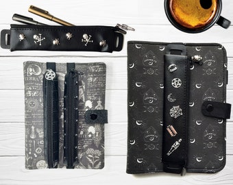 Gothic Journal Pen Pouch with Elastic, Studded Faux Leather