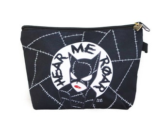 Hear me roar catwoman makeup bag, black cat makeup bag, cat lover gift, goth makeup bag, gothic cosmetic bag, goth pencil case