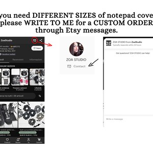 May include: A screenshot of an Etsy shop page for ZoaStudio, featuring a variety of gothic-inspired accessories, including black lace-up boots, black scrunchies with bat designs, and a selection of other items. The shop owner's profile picture is visible, and the shop's contact information is displayed. The text "If you need DIFFERENT SIZES of notepad covers, please WRITE TO ME for a CUSTOM ORDER through Etsy messages." is also visible.
