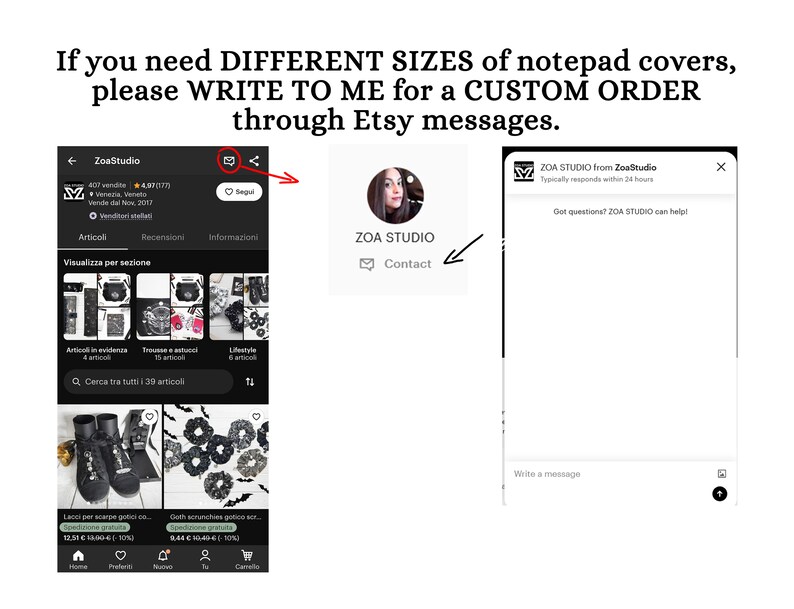 May include: A screenshot of an Etsy shop page for ZoaStudio, featuring a variety of gothic-inspired accessories, including black lace-up boots, black scrunchies with bat designs, and a selection of other items. The shop owner's profile picture is visible, and the shop's contact information is displayed. The text "If you need DIFFERENT SIZES of notepad covers, please WRITE TO ME for a CUSTOM ORDER through Etsy messages." is also visible.