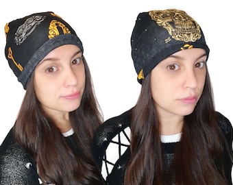 Slouchy beanie with skull,  goth beanie, gothic hat, rock and roll girl, goth clothing, skeleton key gothic gifts, reversible hat