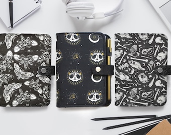 Skull planner refillable journal, goth planner a5, moth notebook a5, cat binder cover, witchy journal a6, gothic journal a5