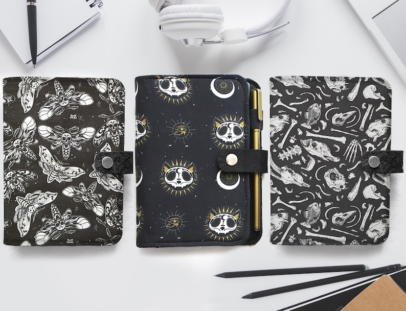 Skull planner refillable journal, goth planner a5, moth notebook a5, cat binder cover, witchy journal a6, gothic journal a5 image 1