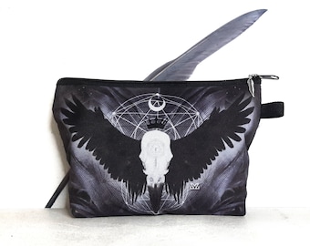 Raven skull bag, goth makeup bag, crow skull cosmetic bag, witchy makeup bag, gothic gifts for her