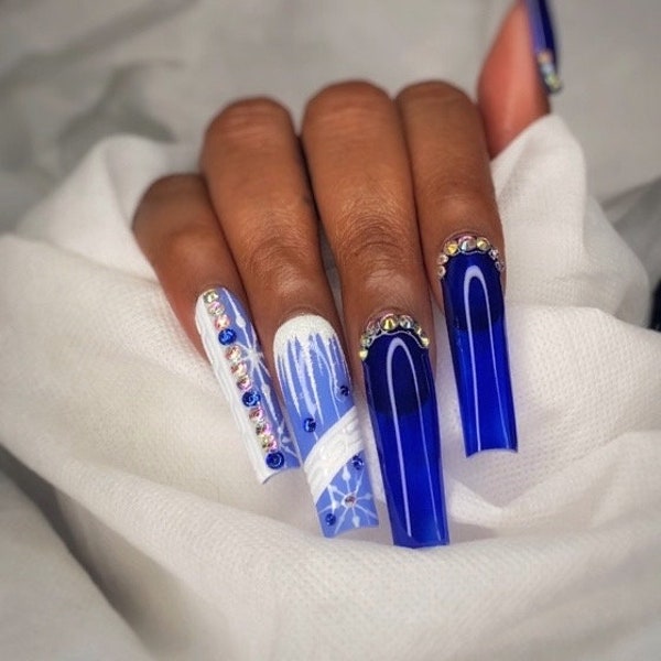 Icy Holiday Press On Nails Set | Medium, L, XL, 2XL, 3XL | Bling Nails | Winter Holiday Nails