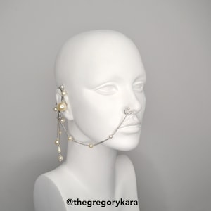 Silver Nose Piece Earring with White Pearls | Ear Cuff | Pearls | Chain | Nose Piece | Nose Jewellery | Pearl Earring | Wearable Art