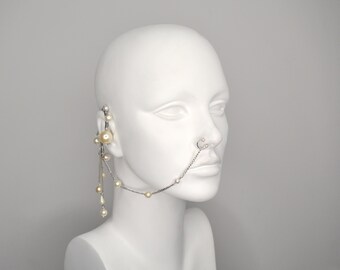 Silver Nose Piece Earring with White Pearls | Ear Cuff | Pearls | Chain | Nose Piece | Nose Jewellery | Silver Earring | Pearl Earring |