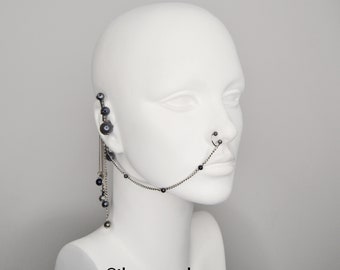 Silver Nose Piece Earring with Black Pearls | Ear Cuff | Pearls | Chain | Nose Piece | Nose Jewellery | Silver Earring | Pearl Earring |