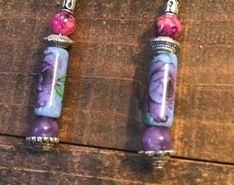Purple and pink ceramic and gemstone earrings