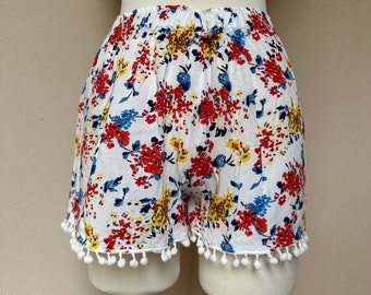 VINTAGE Handmade Stretchy Floral Print Pom Pom Shorts