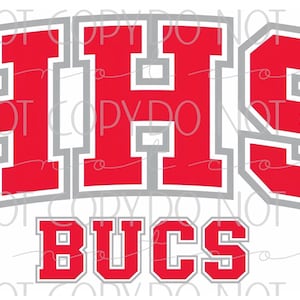 May include: A graphic design featuring the letters "HHS" in red with a gray outline, and the word "BUCS" in red. The design is likely for a school or sports team, with a bold, collegiate style.