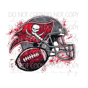 Puede incluir: Un diseño gráfico con un casco de fútbol, un balón y el logotipo del equipo. El casco es gris y negro, con un logotipo del equipo rojo y negro. El balón es rojo y blanco. Salpicaduras de pintura roja en el fondo.
