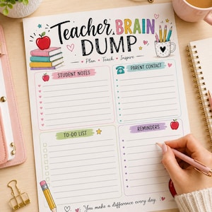 Könnte beinhalten: Ein weißes Planerblatt mit der Überschrift Teacher Brain Dump und Abschnitten für Student Notes, Parent Contact, To-Do List und Reminders. Es enthält bunte Illustrationen von Büchern, einem Apfel, einem Bleistift und einer Tasse sowie den Text You make a difference every day.