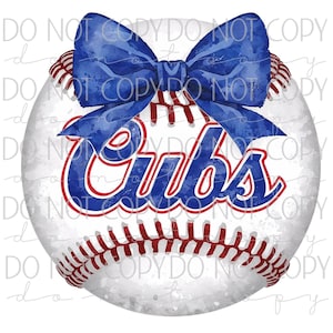 May include: A baseball featuring red stitching and the word "Cubs" in blue and red, adorned with a blue bow. The baseball has a distressed, watercolour effect, and the text is in a script font.