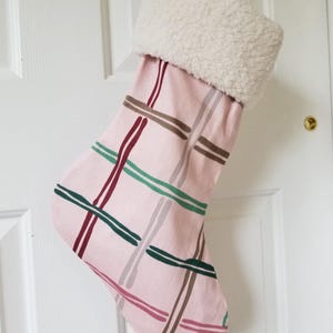 Pink Plaid Christmas Stocking With Faux Sherpa Cuff