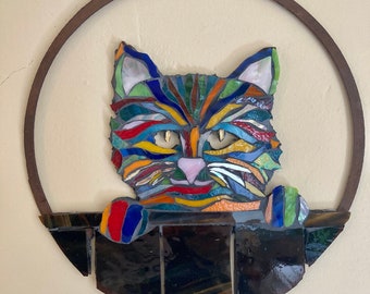 garden decor|home decor|cat|rainbow|mosaic|handcrafted|garden art|yard art|metal cat