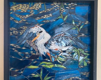 Great Blue Heron with Fish Glass Mosaic Art