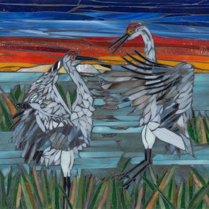 Dancing Cranes Glass Mosaic Art