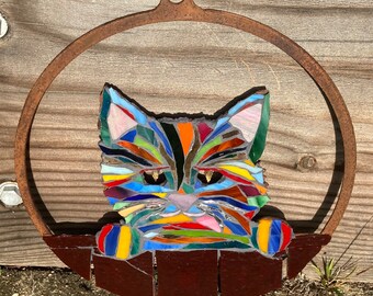 garden decor|home decor|cat|rainbow|mosaic|handcrafted|garden art|yard art|metal cat