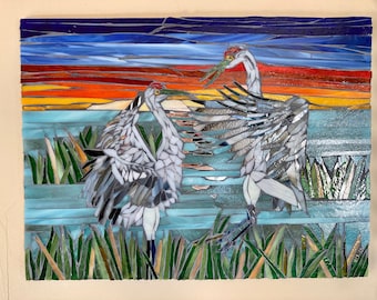 Dancing Cranes Glass Mosaic Art