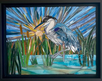 Great Blue Heron Sunrise Glass Mosaic Art