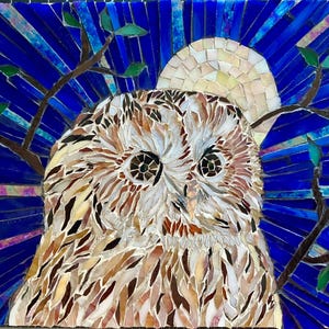 Barred Owl in a Night Sky Glass Mosaic