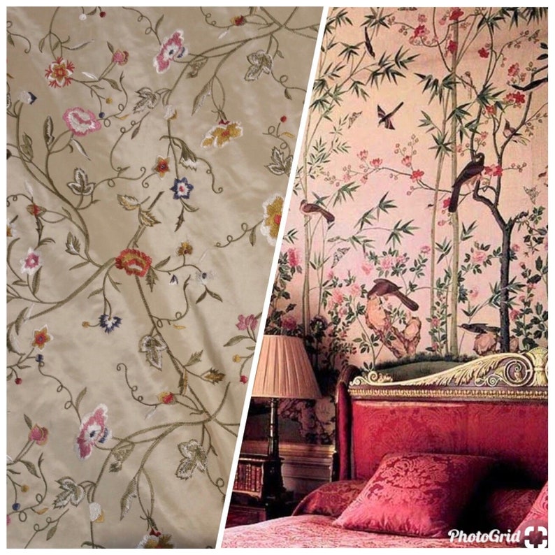 100/% Silk Taffeta Interior Design Fabric Embroidery Garden Taupe SALE