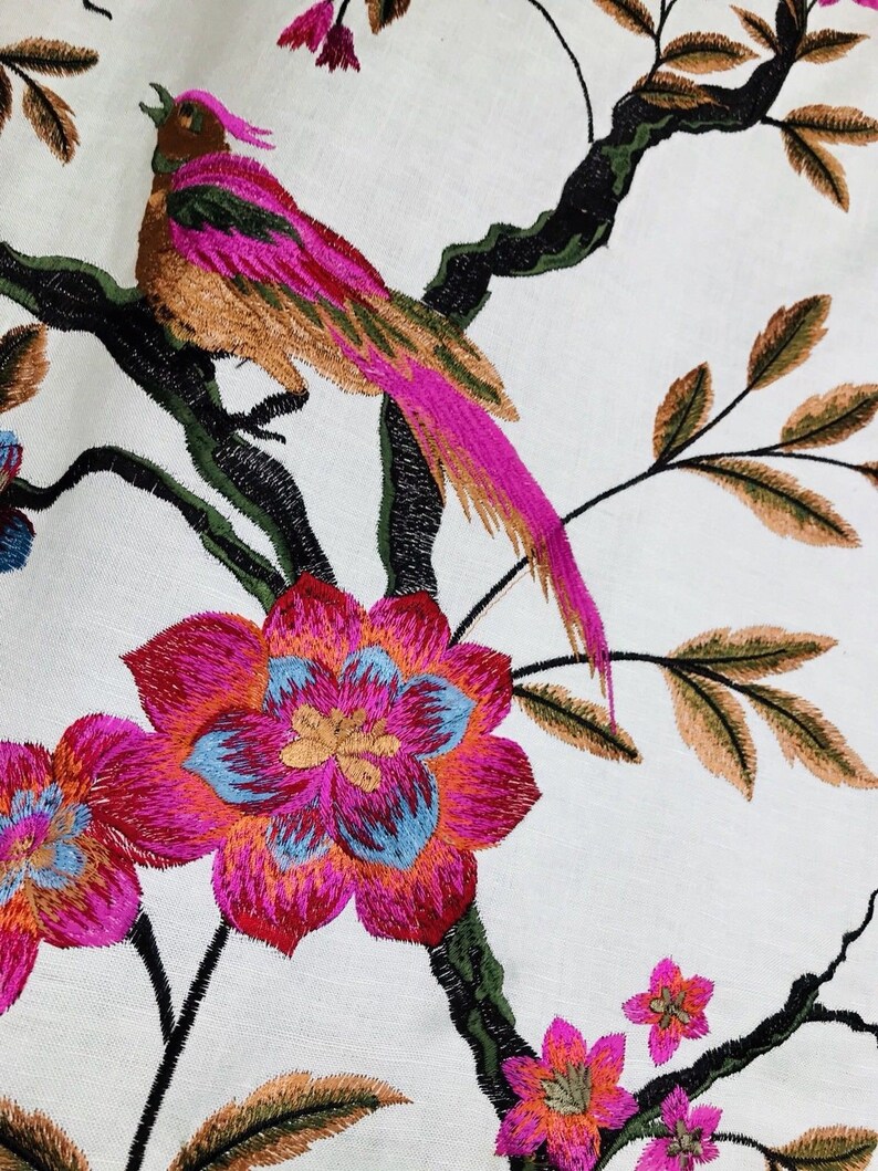 White New Designer Cotton Embroidered Bird Floral Drapery Fabric Dyeing Batik Craft Supplies Tools