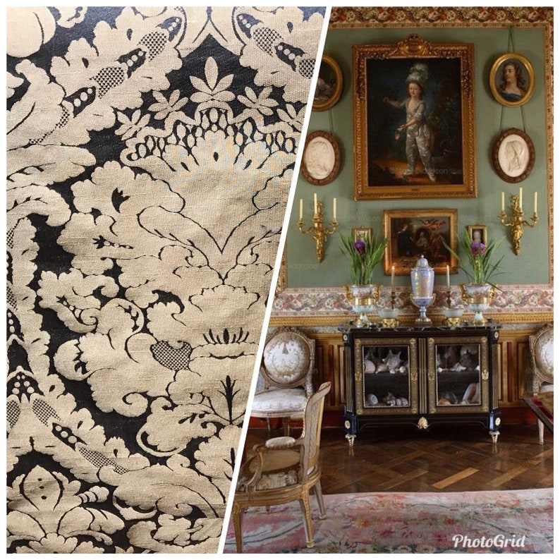 Designer Damask Drapery Fabric Black Gold Decorating Etsy